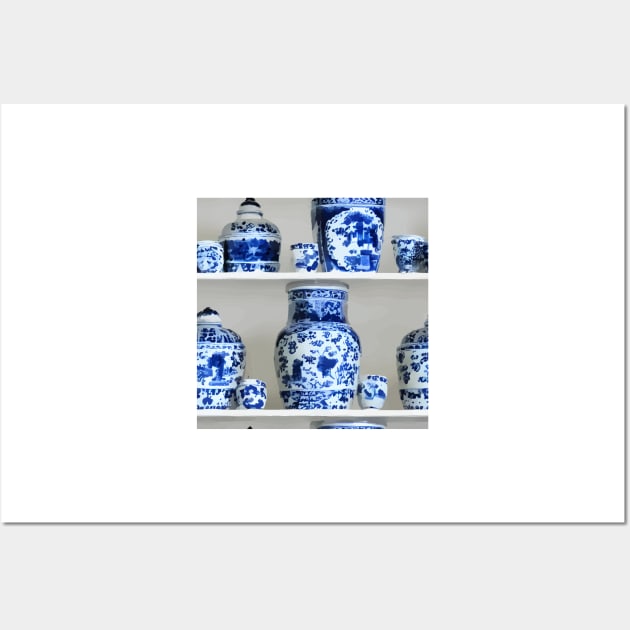 Shelves with blue and white chinoiserie jars Wall Art by SophieClimaArt